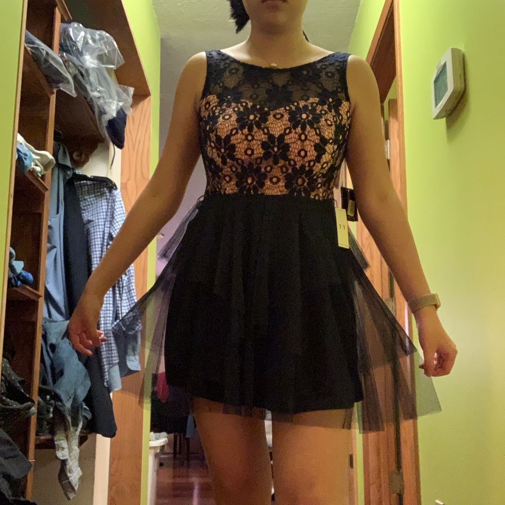Navy and coral tulle mini dress
